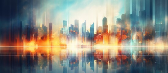 An electric blue sky reflected in the water creates a blurry city skyline with an atmospheric phenomenon, forming a mesmerizing art pattern