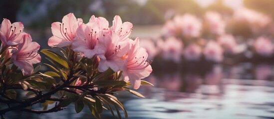 Magenta flowers bloom by the waters edge, creating a beautiful natural landscape. The petals...