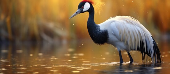 Naklejka premium A water bird with a red head is gracefully standing in the liquid among the natural landscape, with its elegant feathers and long beak
