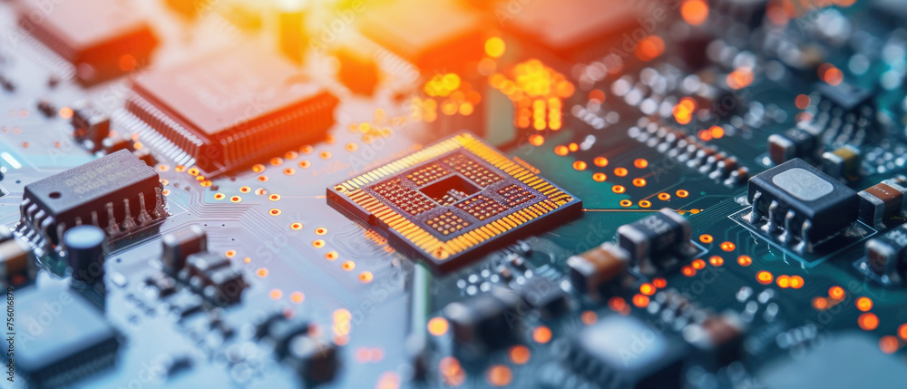 Aufkleber chips in circuit board, automated assembly of pcb at semiconductor plant. light of machine line in c