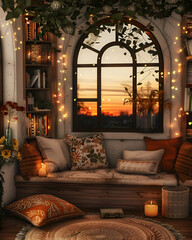 Fototapeta premium an open plan rustic barn living room with a big arc window, decorated with fairy lights and spring flowers