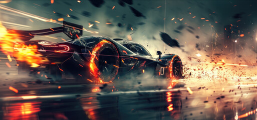 Cinematic view of sports car driving with fire on track, luxury burning vehicle runs fast on dark...