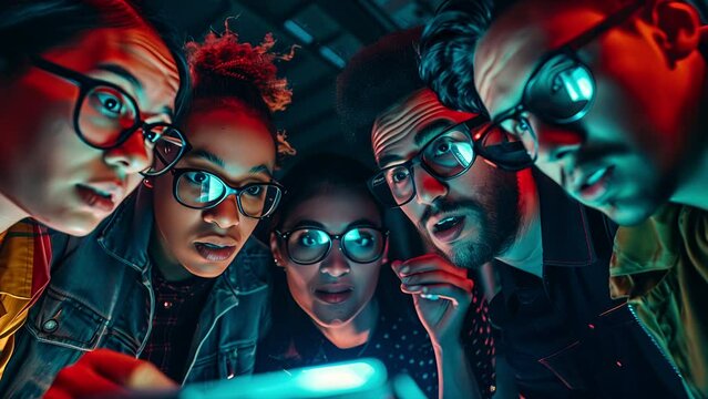 Group of Gen-z coworkers faces as they look down on a puzzle in an Escape room