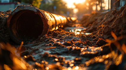 Metal pipe in trench at sunset, pipeline construction in ground, scenery of underground water line, sun and dirt. Concept of technology, oil, gas, work and industry - obrazy, fototapety, plakaty