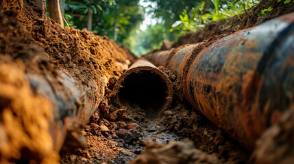 Metal pipe in trench, pipeline construction in ground, old underground water line and dirt. Concept of technology, oil, gas, work, dig - obrazy, fototapety, plakaty