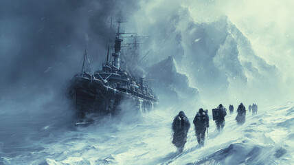 Polar expedition during storm in past, scenery of frozen ship in ice, snow and walking people. Concept of arctic exploration, frost, history, winter and science - obrazy, fototapety, plakaty