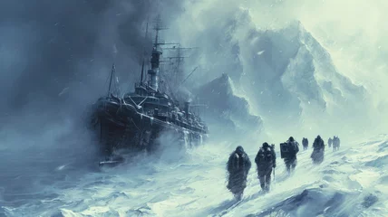 Fototapeten Polar expedition during storm in past, scenery of frozen ship in ice, snow and walking people. Concept of arctic exploration, frost, history, winter and science © scaliger