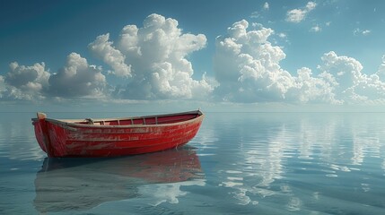 An image of a small boat on a calm sea, creating a sense of peace and vastness. Concept of...