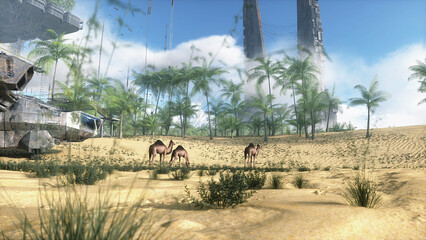 Camel walking in futuristic desert, sci fi city. Future architecture concept. 3d rendering.