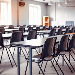 An Empty Classroom With Desks and Chairs