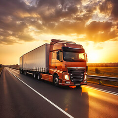 Fototapeta na wymiar European truck vehicle on motorway with dramatic sunset