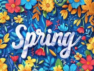 Colorful cheerful themed postcard with the inscription "Spring" on a blue background with a bright floral design 6
