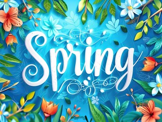 Colorful cheerful themed postcard with the inscription "Spring" on a blue background with a bright floral design 5