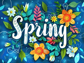 Colorful cheerful themed postcard with the inscription "Spring" on a blue background with a bright floral design 4
