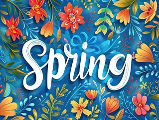 Colorful cheerful themed postcard with the inscription "Spring" on a blue background with a bright floral design 3