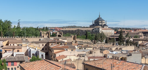 Aerial panoramic view at the Toledo city downtown, top roof buildings, buildings inside Toledo...