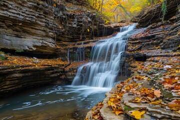 A beautiful waterfall in a rocky gorge, surrounded by colorful fall leaves, flows in the autumn woods