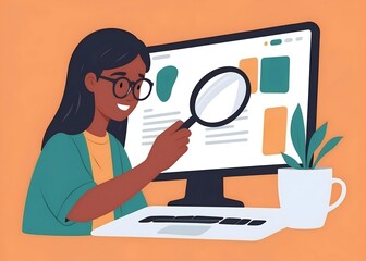 Enhancing Digital Literacy. Flat Illustration Featuring a Character, Computer, and Magnifying Glass.