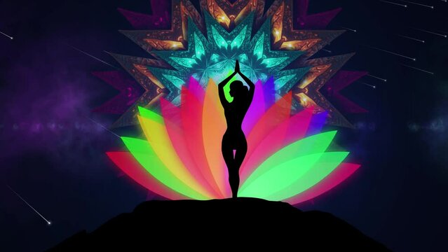 Silhouette Women Standing Top Of The Mountain Practice Meditating Pose With Lotus Glowing Flower Yoga Animation And Mandala Animation With Universe . A Woman Meditating Chakras Asan. Silhouette Girl D