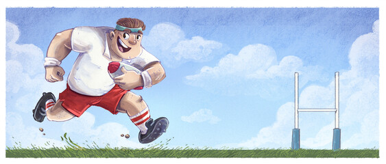 Professional rugby player running with ball across the field - 756017800