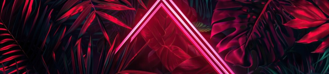 Neon cyberpunk background with tropical leaves and bright red geometric glow