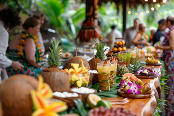 a tropical luau party, with guests wearing leis and grass skirts, enjoying fruity cocktails served in coconuts, and feasting on a Hawaiian-inspired buffet