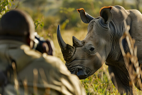 A photographer takes wildlife photos of a rhinoceros