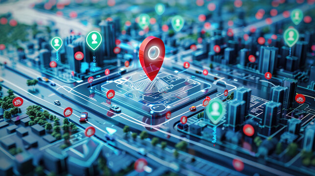 Red pin on a digital city map highlighting an eco-friendly transportation hub