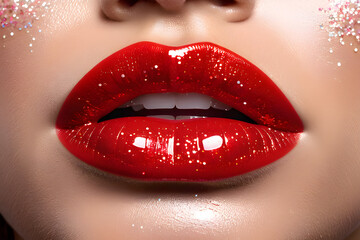 Fototapeta premium Red lipgloss texture with metalic glitter