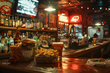 the casual charm of a dive bar, with bartenders serving up cold beers and shots of whiskey alongside baskets of crispy fries and greasy burgers - obrazy, fototapety, plakaty