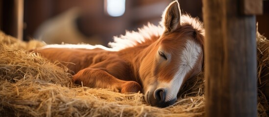 A sorrel fawn horse, a terrestrial animal, is resting in a barn on a pile of hay. Horses are pack animals and working animals commonly used in agriculture
