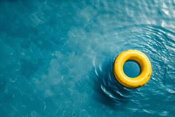 Yellow inflatable ring floating on blue water in swimming pool, top view Generative AI - obrazy, fototapety, plakaty