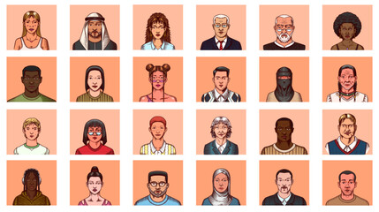 Human Avatars Collection. Faces of people. Characters set. Happy emotions. Portrait for social media, website. Men and women, grandparents and girls. Hand drawn doodle sketch. - 756018615