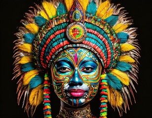 Tattoo of a human face wearing a massive aztec headdress. - obrazy, fototapety, plakaty