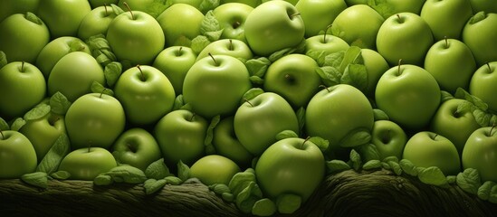 A stack of green apples, a fruit from the plant species in the Rosaceae family, are neatly displayed on a table as natural produce - Powered by Adobe