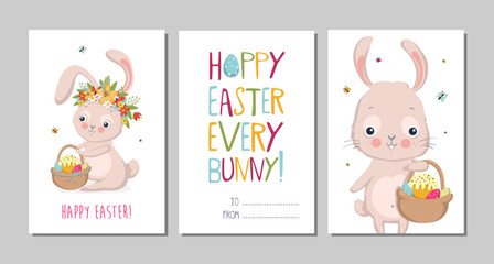 Happy Easter Set of cute greeting cards, posters, holiday covers or banners. Trendy design with typography, hand painted Easter bunny and eggs.