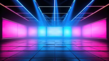 Electrifying stage: mesmerizing scenes LED panels, holographic displays, laser lights, ample copy space, dynamic banners, creating visual symphony for immersive events and cutting-edge presentations.