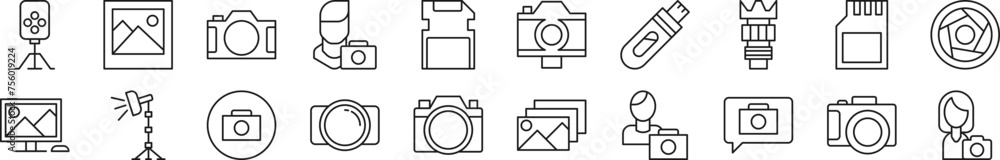 Poster collection of thin line icons of photographer. editable stroke. simple linear illustration for web s
