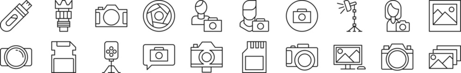 Pack of linear symbols of photographer. Editable stroke. Linear symbol for web sites, newspapers, articles book