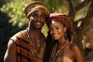African couple going out and posing in front of the camera happy and in love - obrazy, fototapety, plakaty