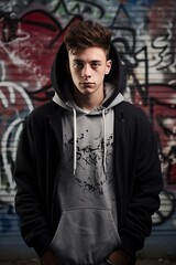 young man with a hoodie and a wall with graffiti in the background