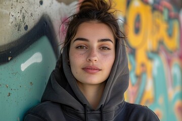 young woman with a hoodie and a wall with graffiti in the background