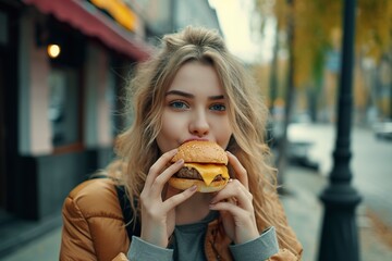 beautiful girl enjoying a delicious hamburger