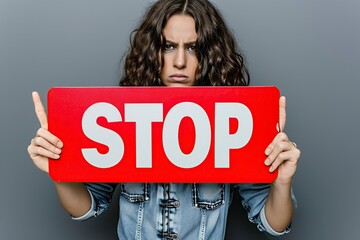 young woman holding a sign that says Stop in her hands - obrazy, fototapety, plakaty