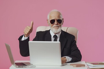 senior businessman in sunglasses using a laptop - obrazy, fototapety, plakaty