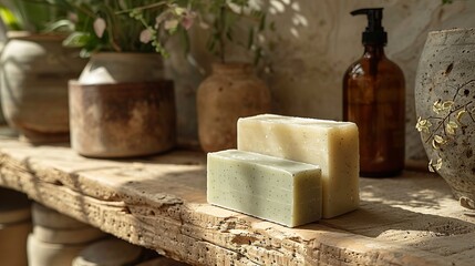 Olive and oatmeal natural organic soaps shot in natural light on bathroom counter - obrazy, fototapety, plakaty