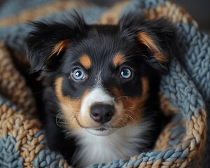 A puppy wrapped in a knitted oodhla stares intently at the camera