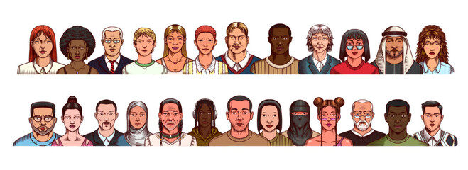 Human Avatars Collection. Faces of people. Characters set. Happy emotions. Portrait for social media, website. Men and women, grandparents and girls. Hand drawn doodle sketch. - 756022823