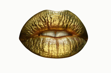 Gold lips. Gold paint from the mouth. Golden lips on woman mouth with make-up. Sensual and creative design for golden metallic.