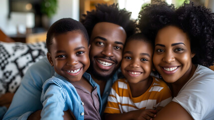A heartwarming family portrait captures the genuine smiles and affectionate bond between a father, mother, and their two children at home. - obrazy, fototapety, plakaty